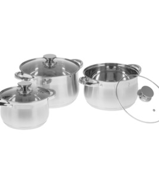 Набор посуды WEBBER BE-615/6 из нерж.стали 6 пр. 2,9 л, 5,1 л, 6,6 л со стеклянными крышками В наборе 6 предметов: кастрюля со стеклянной крышкой 18х11,5 см; 2,9 л кастрюля со стеклянной крышкой 22х13,5 см; 5,1 л кастрюля со стеклянной крышкой 24х14,5 см; 6,6 л Толщина стали 0,5 мм