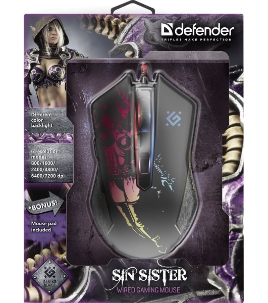 Мышь проводная Defender Sin'Sister GM-933 черный, 7200 dpi, USB, кнопки - 6