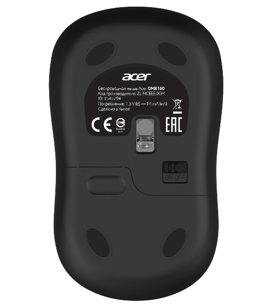 Мышь беспроводная Acer OMR160 черный, 1200 dpi, радиоканал, USB, кнопки - 3