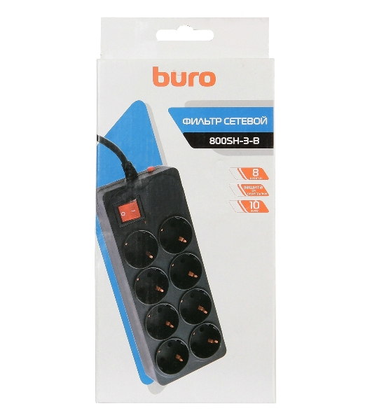 Сетевой фильтр Buro 800SH-3-B 3 м, 8 розеток, черный, коробка