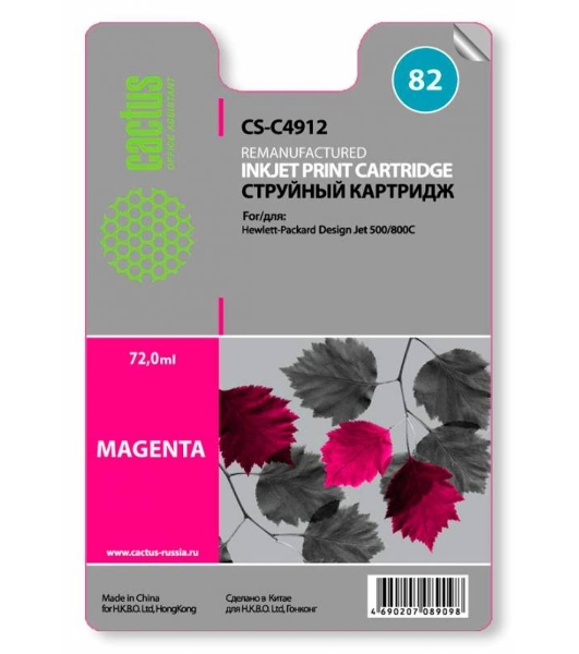 Картридж струйный Cactus CS-C4912 №82 пурпурный (72 мл) для HP Design Jet 500/800C