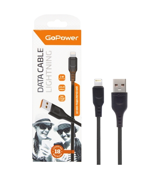 Кабель GoPower GP01L USB (m)-Lightning (m) 1.0м 2.4A ПВХ черный (1/800)