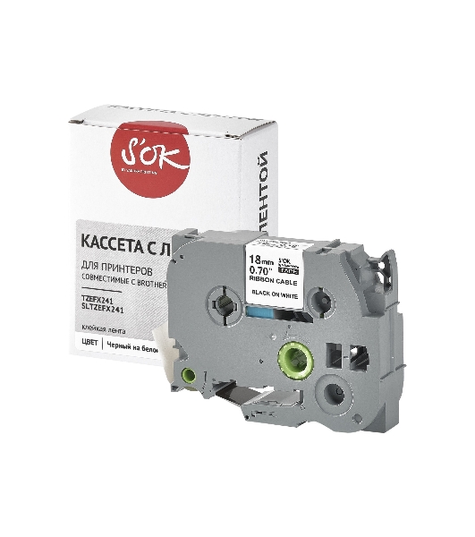Кассета с лентой S'OK by Sakura Printing TZEFX241 для Brother, черный на белом, 18мм/8м, наклейка