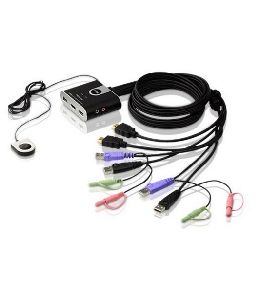 Переключатель KVM ATEN (CS692-AT) KVM+Audio, 1 user USB+HDMI => 2 cpu USB+HDMI, со встр.шнурами USB+Audio 2x1.2м., 1920x1200, настол., исп.стандарт.