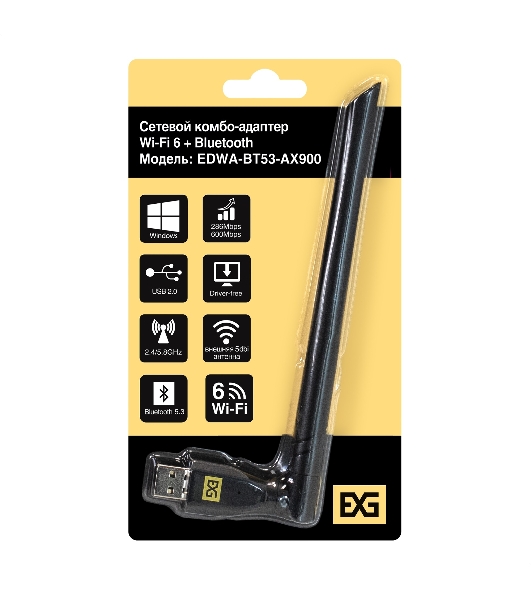 Сетевой комбо-адаптер Wi-Fi 6 + Bluetooth ExeGate EDWA-BT53-AX900 (BT5.3, Dual Band Wi-Fi AX (a/b/g/n/ax), чипсет Realtek8851, 2.4 ГГц до 286 Мбит/с + 5.8 ГГц до 600 Мбит/с, 1x5dBi внешняя антенна, USB 2.0)