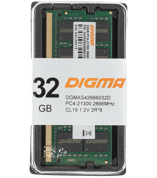 Оперативная память Digma, DDR4, 32GB (1x32GB), 2666MHz, CL19, SO-DIMM