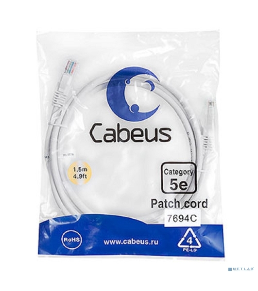 Шнур комм. Cabeus, кат. 5е, неэкр., U/UTP, RJ45/RJ45, PVC, AWG24, 1.5м, белый