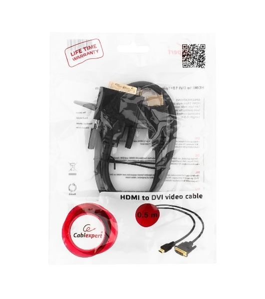 Кабель HDMI-DVI Cablexpert CC-HDMI-DVI-0.5M, 19M/19M, single link, медь, позол.разъемы, экран, 0.5м, черный, пакет