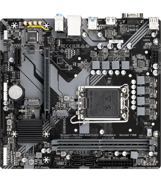 Материнская плата Gigabyte B760M H DDR4, LGA 1700, Intel B760, 2xDDR4, 4xSATA, 2xM.2, 1xPCIe 4.0 x16, 1xPCIe x1, 1xHDMI, 1xVGA, 1x 1Gb LAN, 2xUSB 2.0, 4xUSB 3.2 Gen 1, 3x3.5 мм, 7.1, Micro ATX