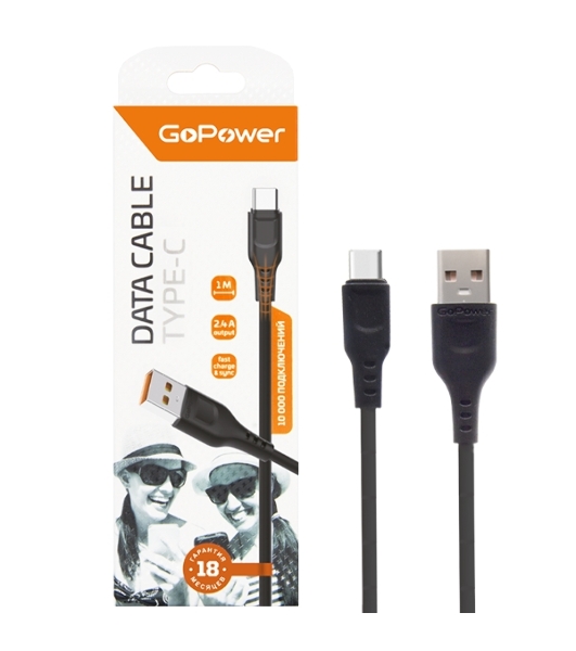 Кабель GoPower GP01T USB (m)-Type-C (m) 1.0м 2.4A ПВХ черный (1/800)