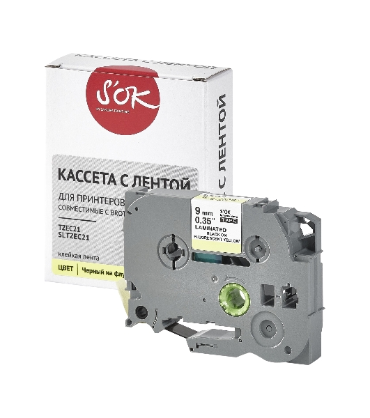 Кассета с лентой S'OK by Sakura Printing TZEC21 для Brother, черный на желтом, 9мм/8м, наклейка