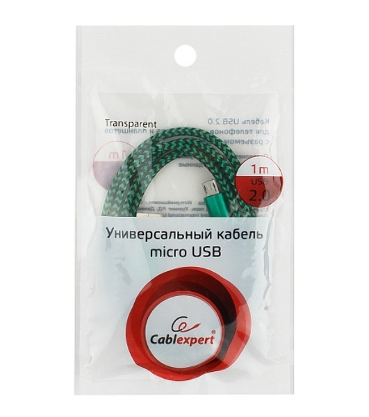 Кабель Gembird USB 2.0 Cablexpert AM/microBM 5P, 1м, нейлоновая оплетка, алюминиевые разъемы, зеленый, пакет