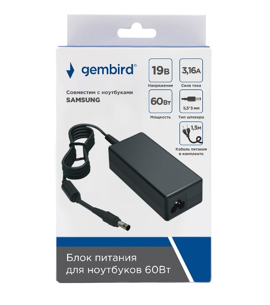 Блок питания Gembird для ноутбуков SAMSUNG NPA-AC29, 19В/3.16А, 60Вт, штекер 5.5x3мм