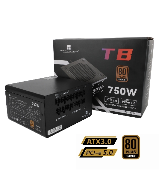 Блок питания Thermalright, 750W 80+ Bronze (ATX, 3.0, PCIe 5.0, Full modular, 1x24(20+4)pin, 2xCPU 8(4+4)pin, 4xPCIe*2 8(6+2)pin, 3xSATA3, 1x12+4pin (12VHPWR PCIe 5.0 12+4pin 600mm), 3xMOLEX4pin, Active, 120x120мм, 150x140x86mm, APFC, black)