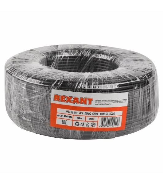 Кабель UTP Rexant 4PR 24AWG, CU (медь), cat.5e, 100 МГц, PE, черный, OUTDOOR, бухта 100 м