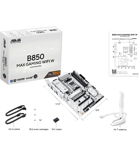 Материнская плата ASUS B850 MAX GAMING WIFI W, AM5, AMD B850, 4xDDR5, 4xSATA, 3xM.2, 1xPCIe 5.0 x16, 1xPCIe 4.0 x4, 2xPCIe 3.0 x1, 1xDisplayPort, 1xHDMI, 1x2.5Gb LAN, Wi-Fi 6E, Bluetooth 5.3, 1xUSB-C 10Gbps, 3xUSB-A 10Gbps, 2xUSB-A 5Gbps, 2xUSB-A 2.0, 3x3.5 мм, 7.1, ATX