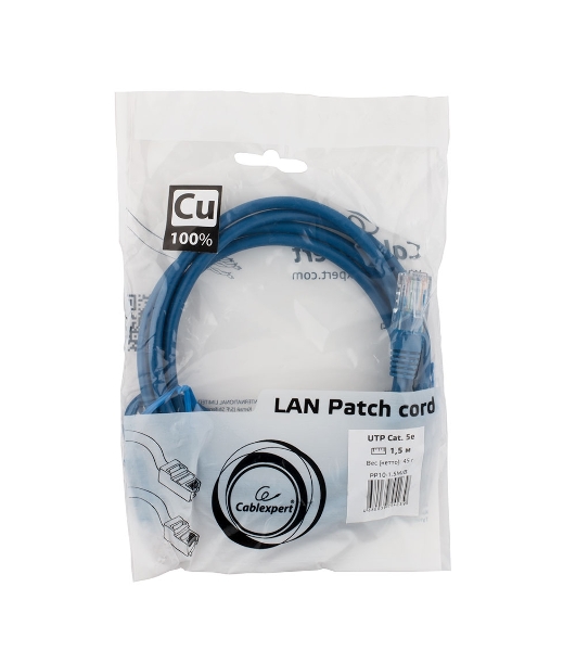 Патч-корд медный UTP Cablexpert PP10-1.5M/B cat.5e, 1.5м, литой, многожильный, синий