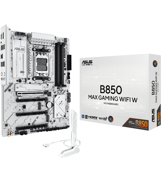 Материнская плата ASUS B850 MAX GAMING WIFI W, AM5, AMD B850, 4xDDR5, 4xSATA, 3xM.2, 1xPCIe 5.0 x16, 1xPCIe 4.0 x4, 2xPCIe 3.0 x1, 1xDisplayPort, 1xHDMI, 1x2.5Gb LAN, Wi-Fi 6E, Bluetooth 5.3, 1xUSB-C 10Gbps, 3xUSB-A 10Gbps, 2xUSB-A 5Gbps, 2xUSB-A 2.0, 3x3.5 мм, 7.1, ATX