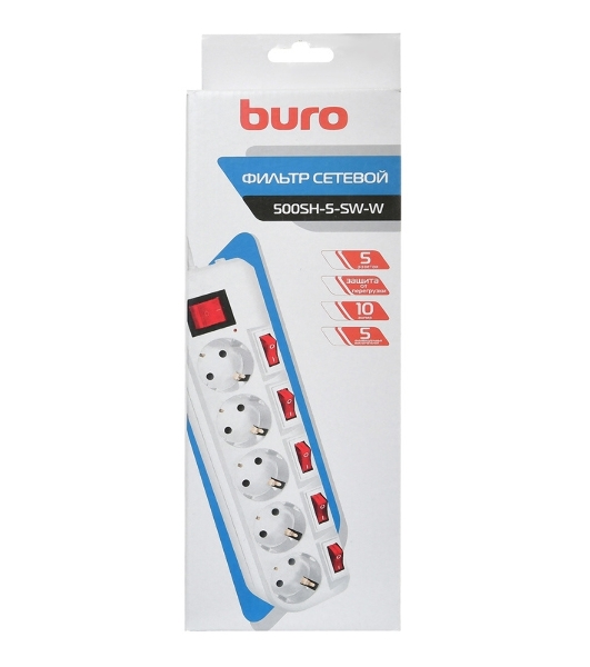 Сетевой фильтр Buro 500SH-5-SW-W 5 м, 5 розеток, белый, коробка