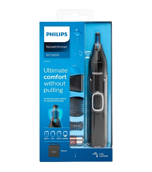 Триммер Philips для носа и ушей, черный, корпус - пластик, 3 насадки-гребня, насадка - триммер, щеточка для очистки, мягкий чехол, батарейка