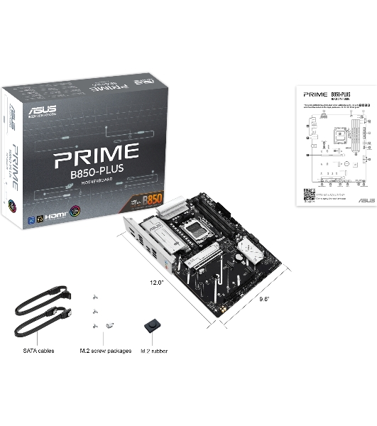 Материнская плата ASUS PRIME B850-PLUS, AM5, AMD B850, 4xDDR5, 4xSATA, 3xM.2, 1xPCIe 5.0 x16, 1xPCIe 4.0 x16, 1xDP, 1xHDMI, 1x2.5Gb LAN, 4xUSB-A 10Gbps, 1xUSB-C 10Gbps, 2xUSB-A 5Gbps, 2xUSB-A 2.0, 3x3.5 мм, 7.1, ATX
