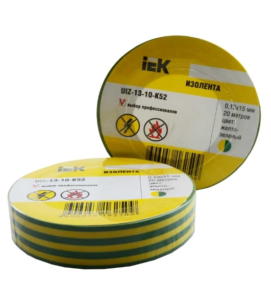 Изолента IEK UIZ-13-10-K52 0,13х15 мм желто-зеленая 20 метров