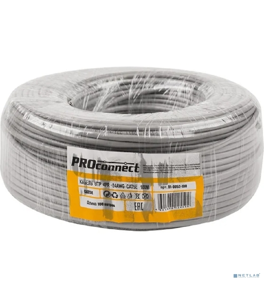 Кабель UTP PROconnect 4PR 24AWG, CU (медь), CAT5E, 100 МГц, PVC, серый, бухта 100 м