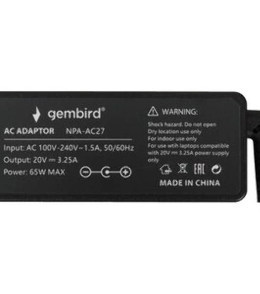 Блок питания Gembird для ноутбуков Lenovo NPA-AC27 20В/3,25А, 65Вт, штекер Flat