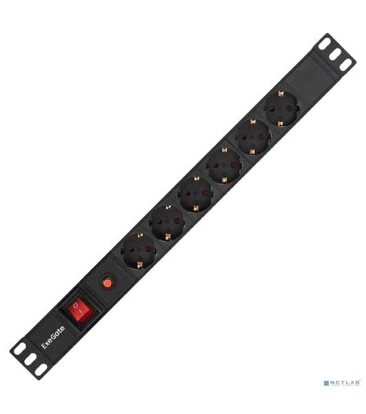 Блок розеток горизонтальный ExeGate ServerPro PDU-19H605 Al-6S-C14-SW-O, 19', 1U, Алюминий, 6 Schuko, С14, выкл. с подсветкой, защита от перегрузки, черный