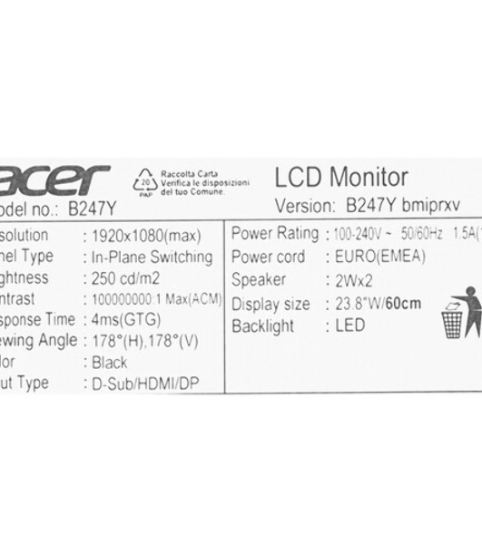 Монитор 23.8' Acer Vero B247YGbmiprxv IPS 1920x1080, 120 Гц, 4 мс, 16:9, 250 кд/м², VGA, HDMI 1.4, DP 1.2, 3.5 Jack, динамики (2x2 Вт), HDR10, FreeSync, черный