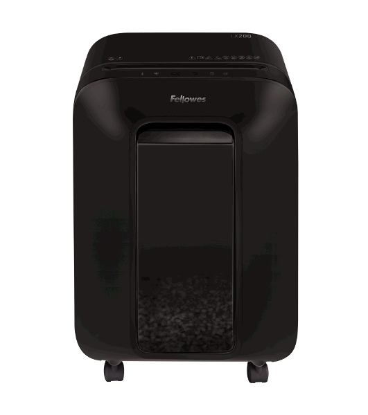 Шредер Fellowes PowerShred LX200 черный (секр.P-4)/перекрестный/12лист./22лтр./скрепки/скобы/пл.карты