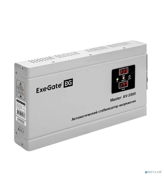 Стабилизатор напряжения ExeGate Master AV-2000 (2000ВА, 140-260В, цифр. индикация вход/вых. напряжения, 220В±8%, КПД 98%, 5 уровней защиты, задержка, метал.корпус, евророзетка, RTL)