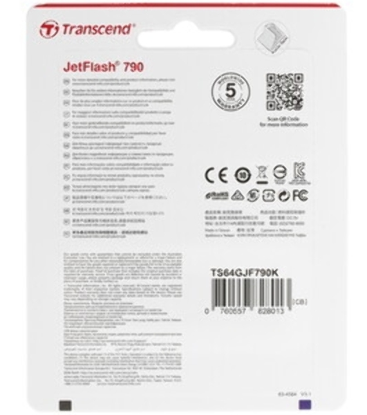 Флешка USB Transcend JetFlash 790 (TS64GJF790K), 64 Gb, USB 3.0, R/W 90/40, черный/синий