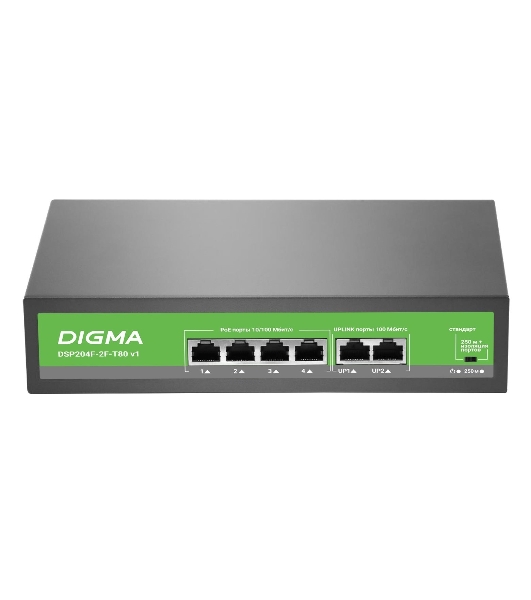 Коммутатор Digma DSP204F-2F-T80 V1, 6×100 Мбит/с, неуправляемый