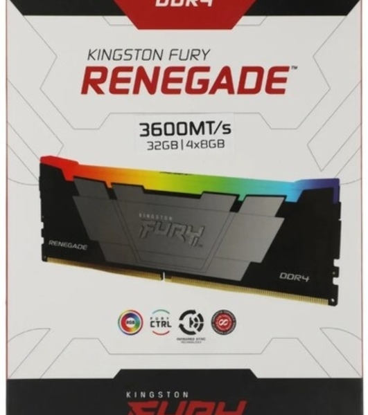 Оперативная память Kingston Fury Renegade, DDR4, 32Gb (4x8GB), 3600MHz, CL16, DIMM, с радиаторами, RGB, серебристый/черный