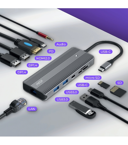 USB-концентратор HIPER HP-DS11-01, USB Type-C, USB Type-C/HDMI/USB-A/microSD/SD/DisplayPort/3.5мм/RJ45, USB