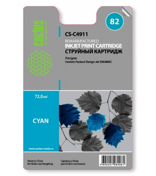 Картридж струйный Cactus CS-C4911 №82 голубой (72 мл) для HP Design Jet 500/800C