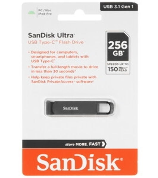 Флешка USB Sandisk CZ460 Ultra (SDCZ460-256G-G46), 256Gb, USB 3.1 Type-C, R/W 150/30, черный