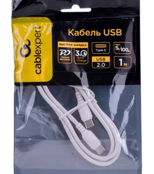 Кабель USB2.0 Cablexpert CCB-USB2-CMCMO1-1MW, TypeC/TypeC, Classic 0.1, 3A, 60Вт, PD/QC3.0, медь, 1м, белый, коробка