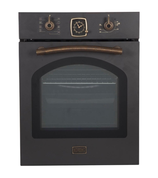 Встраиваемая электрическая духовка Korting OKB 4941 CRN/59.6 х 45 x 55 см, Духовой шкаф в ретро-дизайне, ширина 45 см, аналоговые часы в классическом стиле Frank Muller, таймера с функцией отключения, 9 режимов нагрева, объем духовки 45 л, телескопические направляющие на одном уровне, двухслойное остекление, каталитическая самоочистка, автоматическое отключение, в комплекте: 2 противня, хромированная решетка, цвет - черный; цвет ручек - бронза