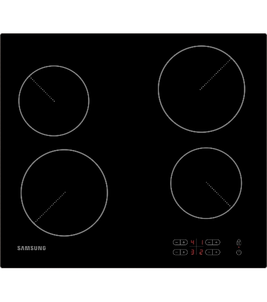 Встраиваемая электрическая панель Samsung NZ64T3506AK/WT 575x505x55 мм, стеклокерамика, 4 конфорки, скошенная рамка,сенсорное управление, светодиодный LED-дисплей, защита от детей, черный