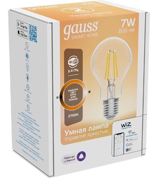 Лампа светодиодная филаментная Gauss Smart Home DIM E27 A60 7 Вт 1/10/40
