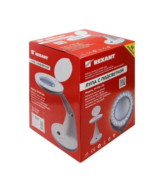 Лупа настольная 3D+12D Rexant с подсветкой 48 LED, белая