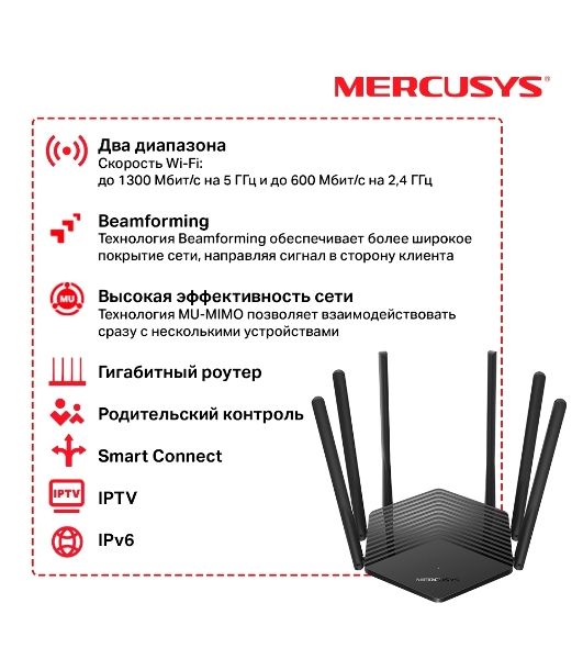 Роутер Mercusys AC1900 Wireless AC Gigabit Router, 600 Mbps at 2.4 GHz + 1300 Mbps at 5 GHz, 6×5dBi Fixed External Antennas with Beamforming, 2× G LAN Ports, 1× G WAN Port, Access Point Mode, 3X3 MU-MIMO, Parental Controls, Guest Network, Smart Connect