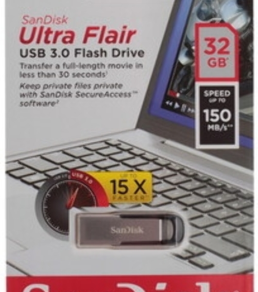 Флешка USB Sandisk CZ73 Cruzer Ultra Flair (SDCZ73-032G-G46), 32Gb, USB 3.0, R/W 150/45, серебристый/черный