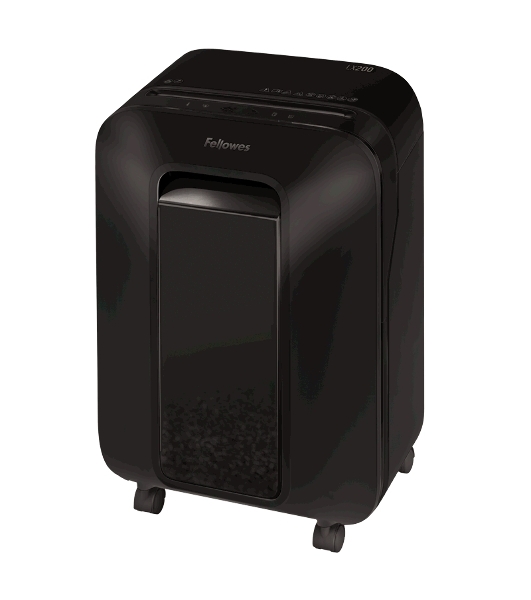 Шредер Fellowes PowerShred LX200 черный (секр.P-4)/перекрестный/12лист./22лтр./скрепки/скобы/пл.карты
