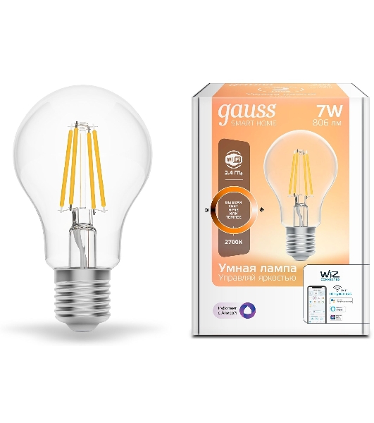 Лампа светодиодная филаментная Gauss Smart Home DIM E27 A60 7 Вт 1/10/40