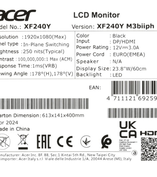Монитор 23.8' Acer XF240YM3biiph Nitro IPS 1920x1080, 180 Гц, 4 мс, 16:9, 250 кд/м2, 2xHDMI, 1хDP, 1x3.5 мм, черный