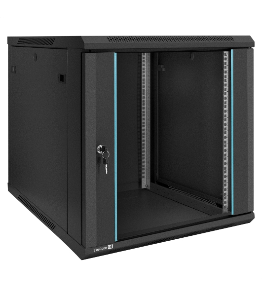 Шкаф телекоммуникационный 19' настенный 12U ExeGate EC-WM-12U.600.G.BLACK (19', 12U, 600x600x635 мм (ШхГхВ), передняя дверь закаленное стекло, съемные боковые панели, пыле- и влагозащита IP23, черный RAL 9004)