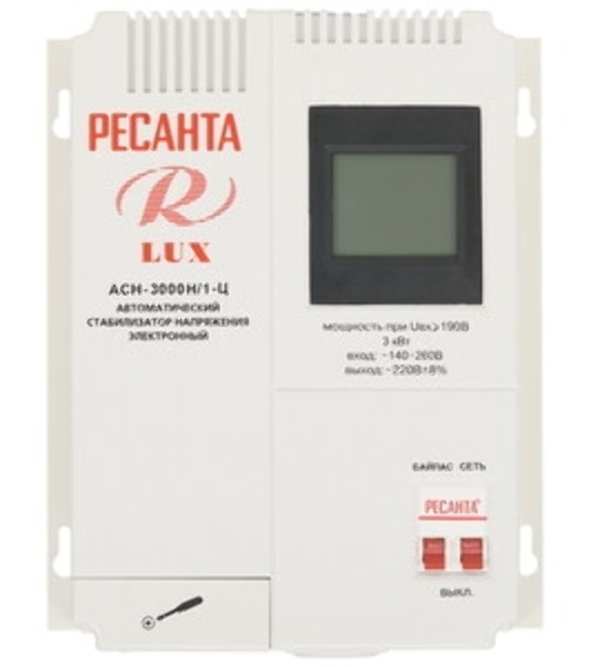 Стабилизатор напряжения Ресанта АСН-3000/1-Ц 63/6/5 Стабилизатор 220В±8%, Габариты 340х220х230, Вес 9 кг